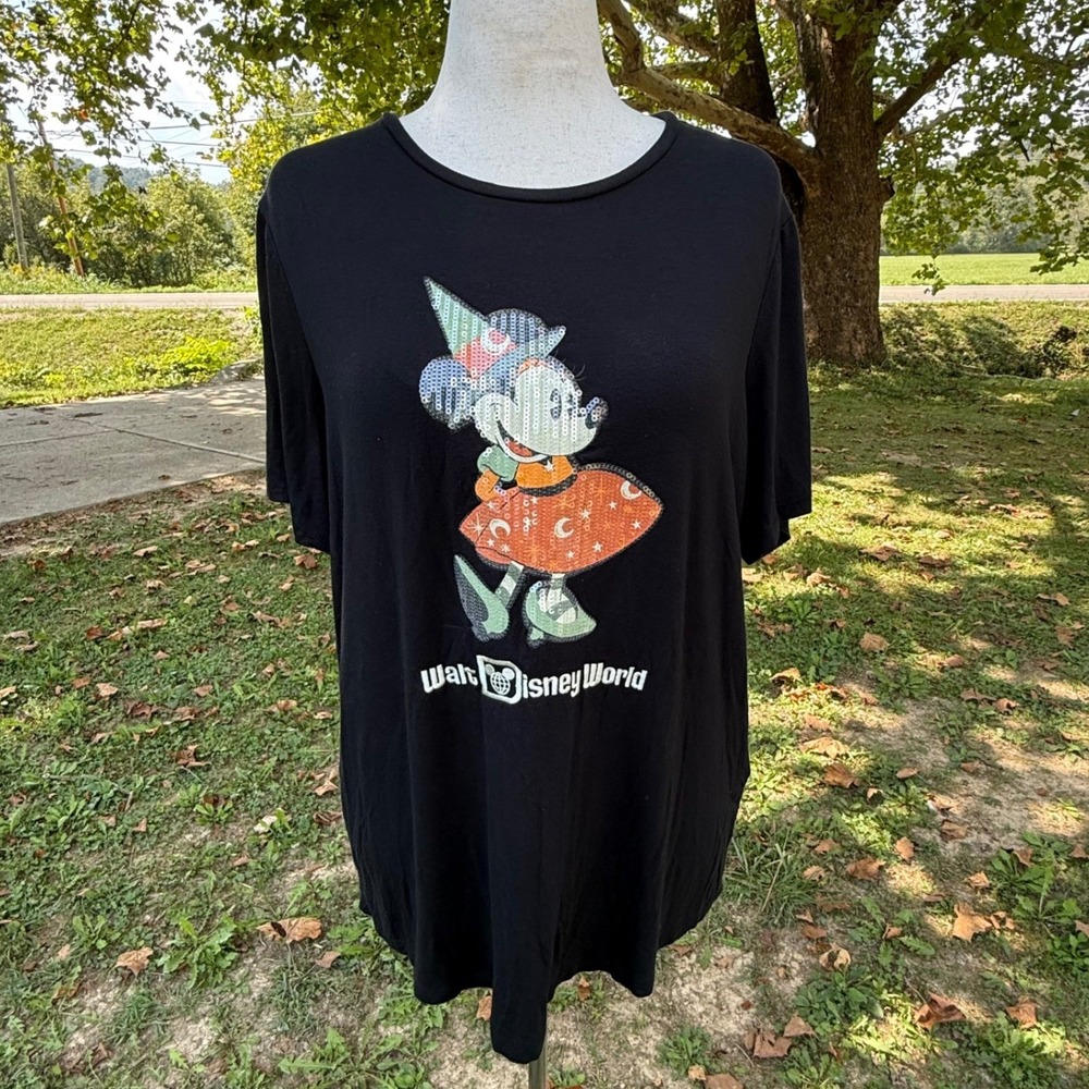 Disney World Minnie Mouse Witch Halloween Sequin T-Shirt Black XL Vacation USA